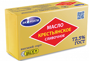 Масло сливочное ЭКОМИЛК крестьянское несоленое 72,5%, 380г