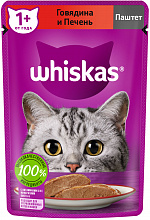 Корм для взрослых кошек WHISKAS влажный, паштет, говядина и печень, 75г